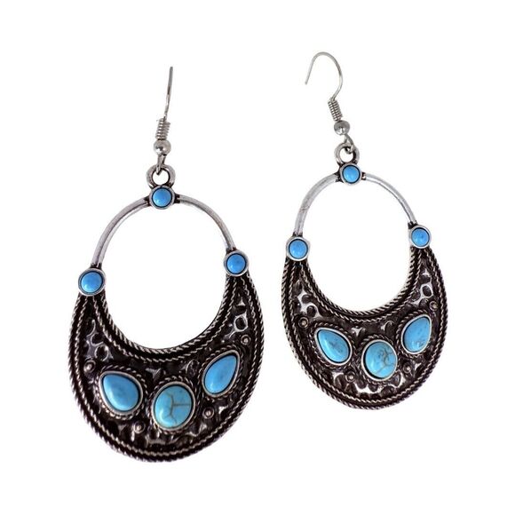 Faux Turquoise Silver Tone Dangle Earrings 2.5" Bohemian Boho Chic Southwestern - Picture 6 of 11